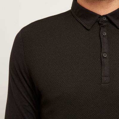 Black textured long sleeve polo shirt
